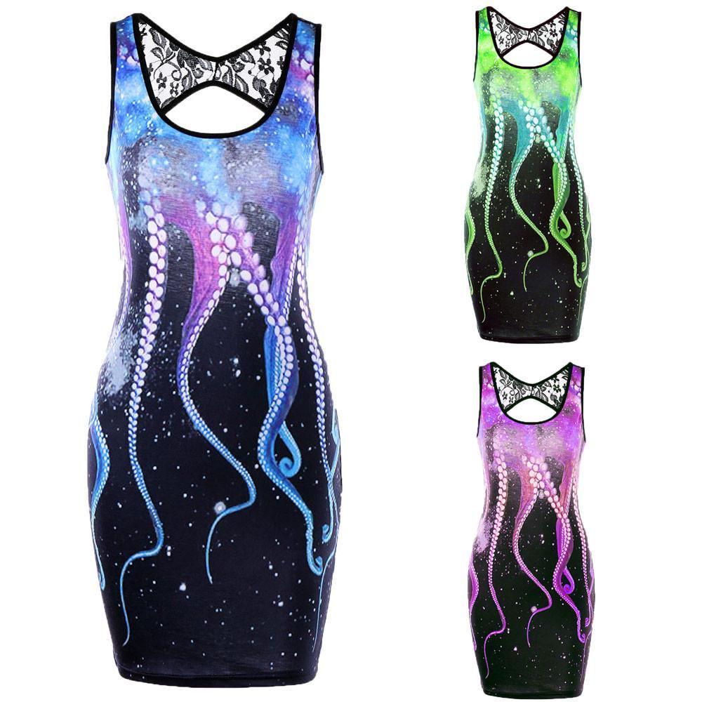 Women Summer Delicate Sleeveless Cut Out Octopus Print Mini Dress With Lace Stitching