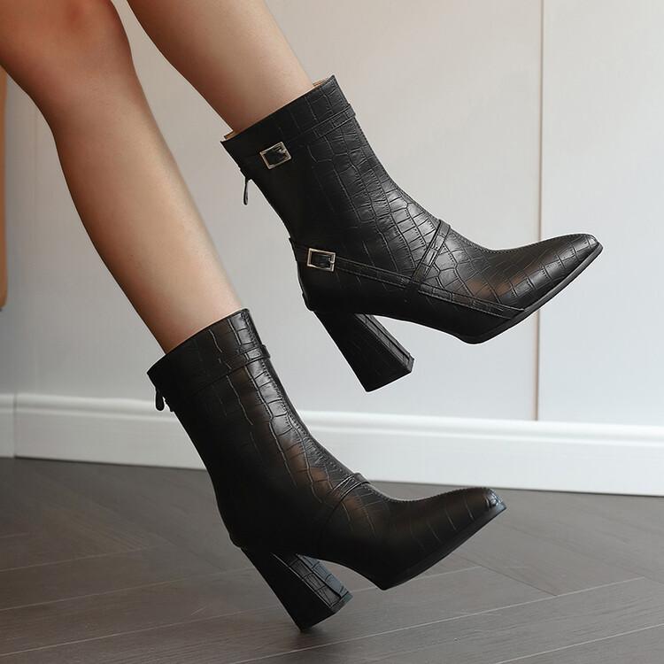 Большие размеры 49 50 женские ботинки из искусственной кожи крокодила с двойной пряжкой-молнией цвета красного вина, ярко-желтого, темно-синего цвета, на высоком каблуке