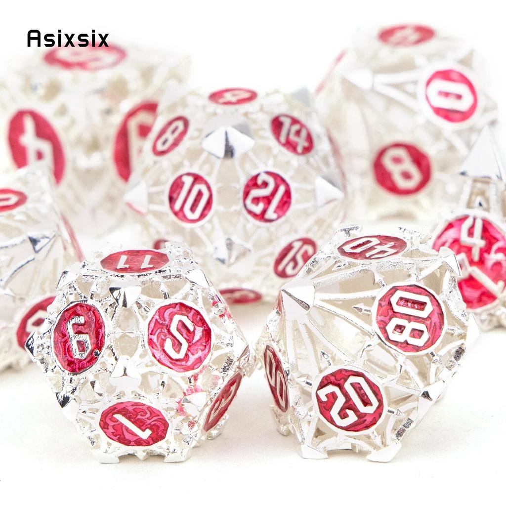 7 шт. серебристо-красные металлические кости, набор полых металлических многогранных кубиков, подходящий для ролевой игры, настольной игры, карточной игры