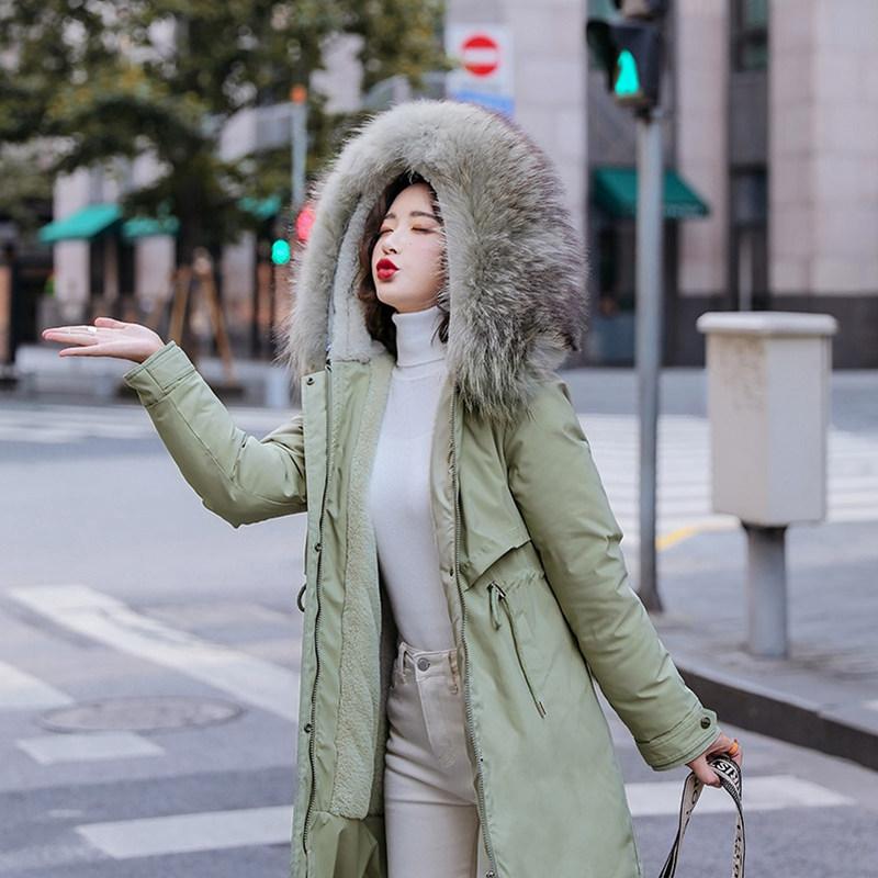 Women Fall Winter Jacket Coat Parka Thicken Cotton Liner Medium Long Hooded Fur Collar Adjustable Waist Solid Color M-6XL