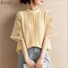 ZANZEA Women Casual Round Neck Splice Half Sleeve Summer Blouse