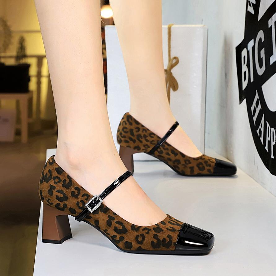 Women's Shoes with Thick Heel, Mid Heel, Shallow Mouth Splicing, Square Toe, Straight Line with Rhinestone Buckle, Single Shoe, Mary Jane Shoes