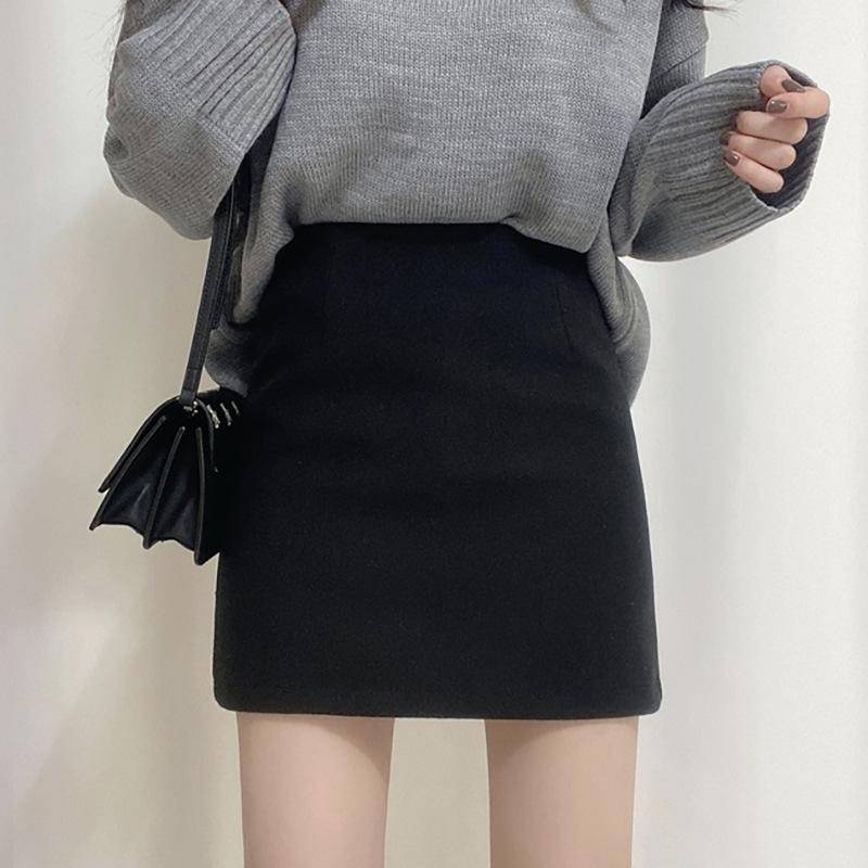 Women's High Waist Black Wool Skirt - Autumn/Winter 2024: Slim, Sexy A-Line Design