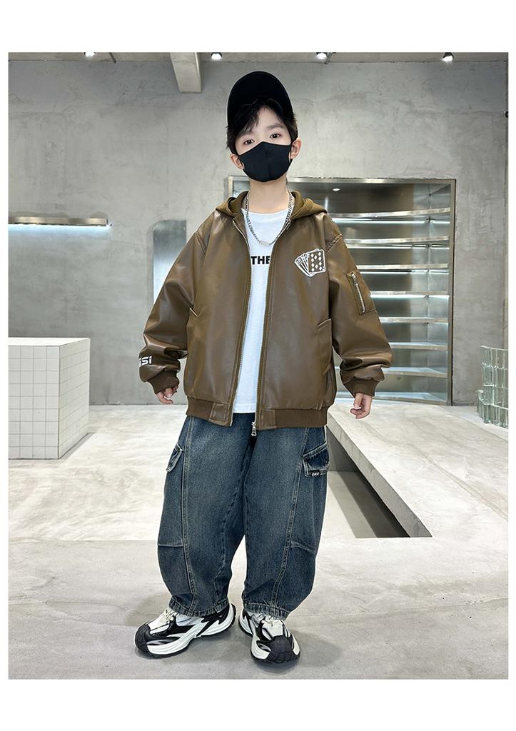 Children's clothing, boys' spring and autumn style leather jacket, 2026 new spring clothing, mid size boys' spring jacket, trendy clothes
