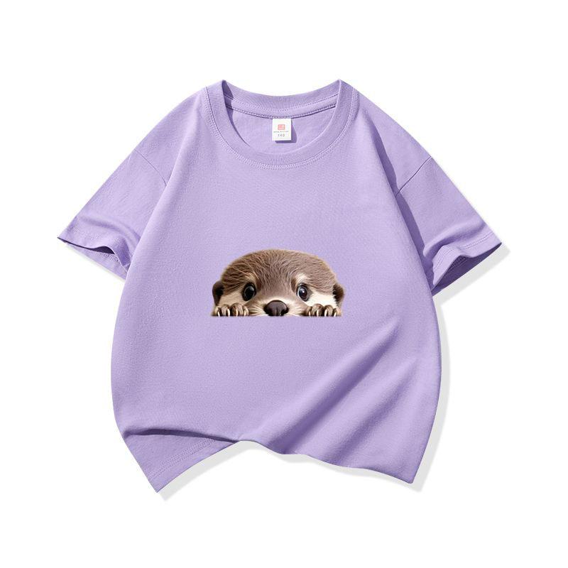 Kids Cotton T Shirt Cute Peeking Otter Print Crew Neck Short Sleeve Tee Casual Breathable Boys Girls Summer Tops