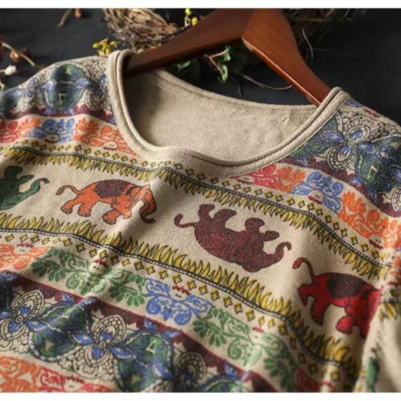 Johnature Woman Autumn Elephant Print Double Pockets Contrast Sweater Casual Loose Vintage Style O-Neck Sweater