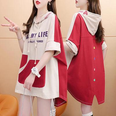 Женская футболка с капюшоном, контрастной задней панелью, летняя, свободного кроя, средней длины для женщин