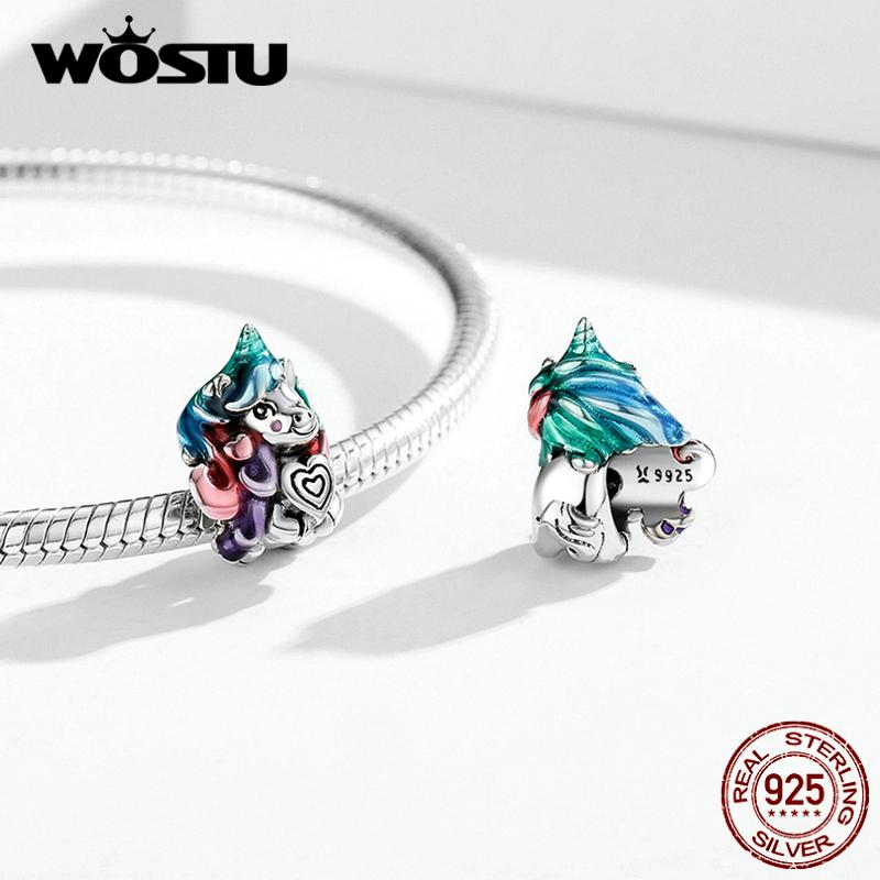 WOSTU Эмалированные милые пони и цветные волосы, подвесные бусины из стерлингового серебра 925 пробы, подходят для оригинального браслета, ювелирные изделия своими руками