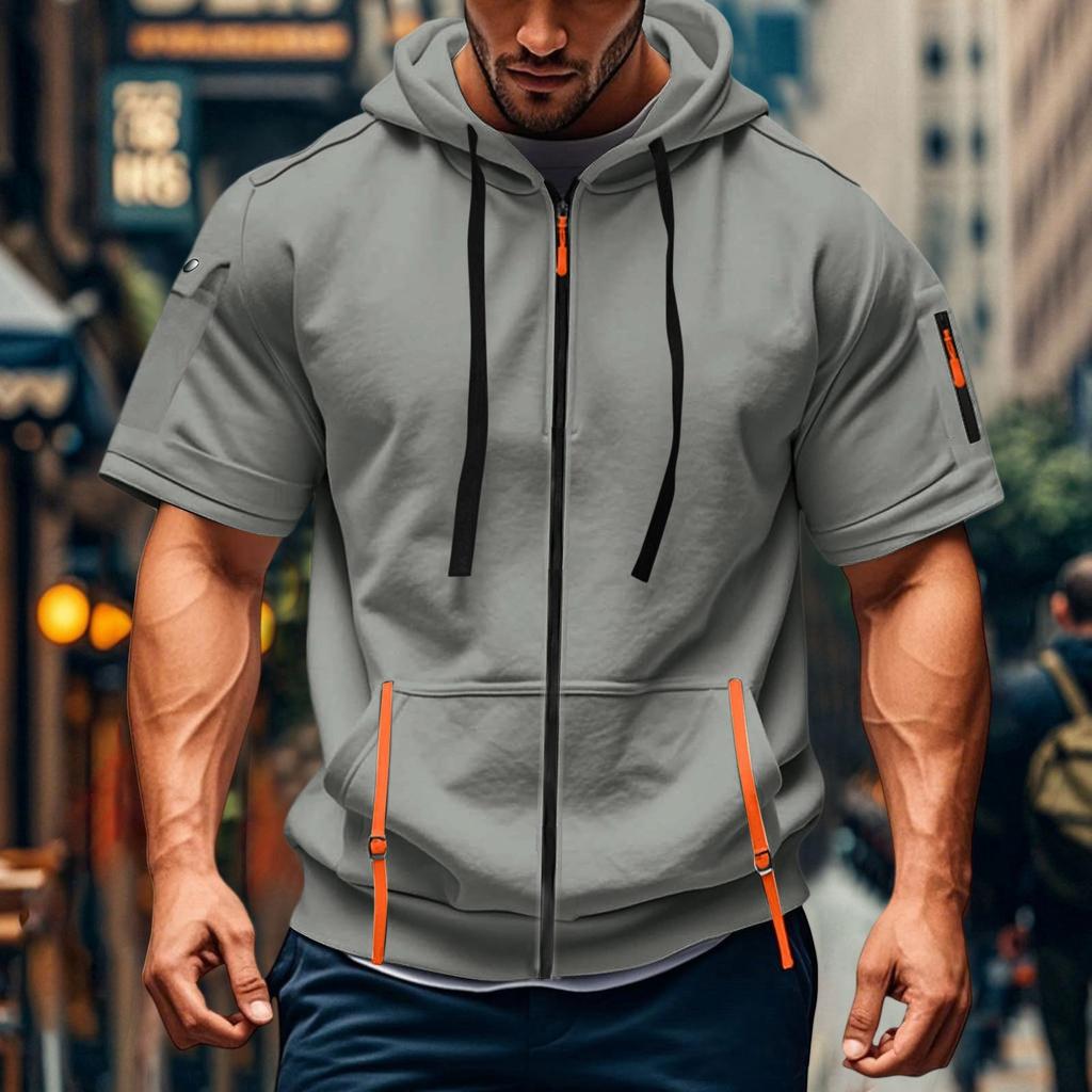 Men's Casual Short-sleeved Sweatshirt. Loose And Breathable Solid-color Sweatshirt Jacket With Multiple Pockets And A Zipper.