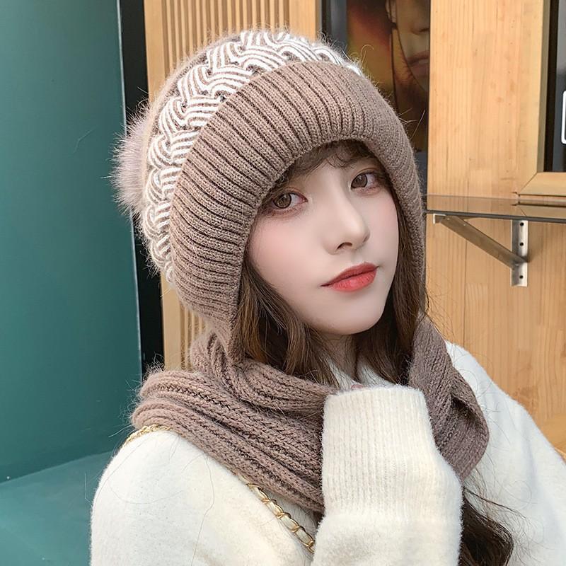 Hat Female Autumn and Winter Warm Knitted Wool Snow Hat Cycling Mother Fashion Ear Protection Headgear Scarf Integrated Hat