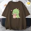 Green Little Dinosaurs Favorite Bubble Tea Unisex Cotton T Shirts Creative Cartoons Short Sleeve Casual All-math Unisex Short Sleeve
