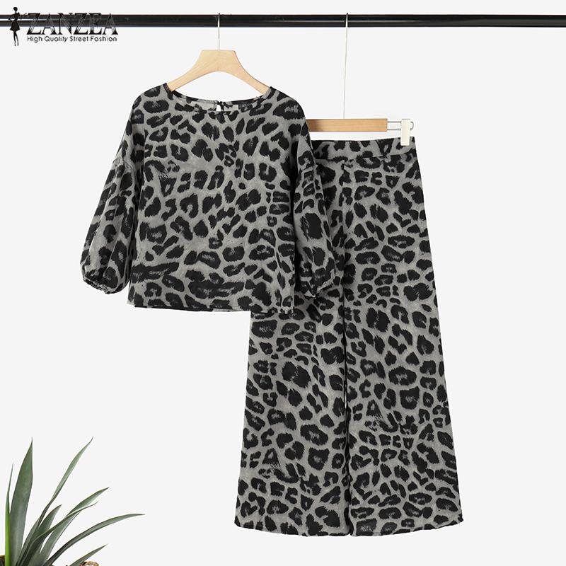 ZANZEA Женская блузка и брюки, повседневный комплект из двух предметов с леопардовым принтом