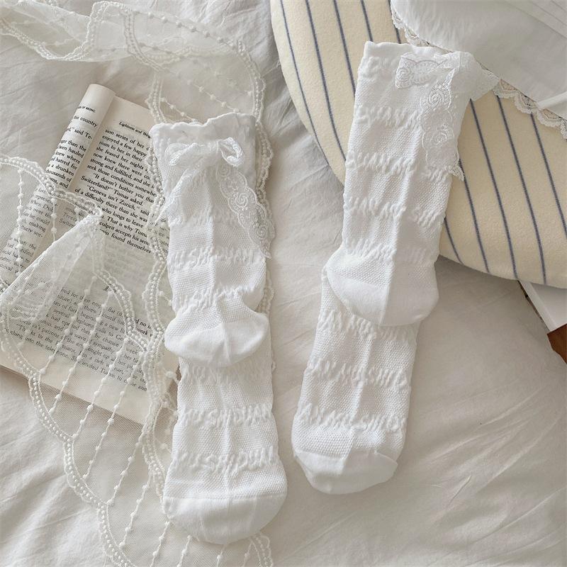 Female Spring and Summer Thin Cotton Solid Color Ballet Style Ribbon Bow Mesh Breathable Hose