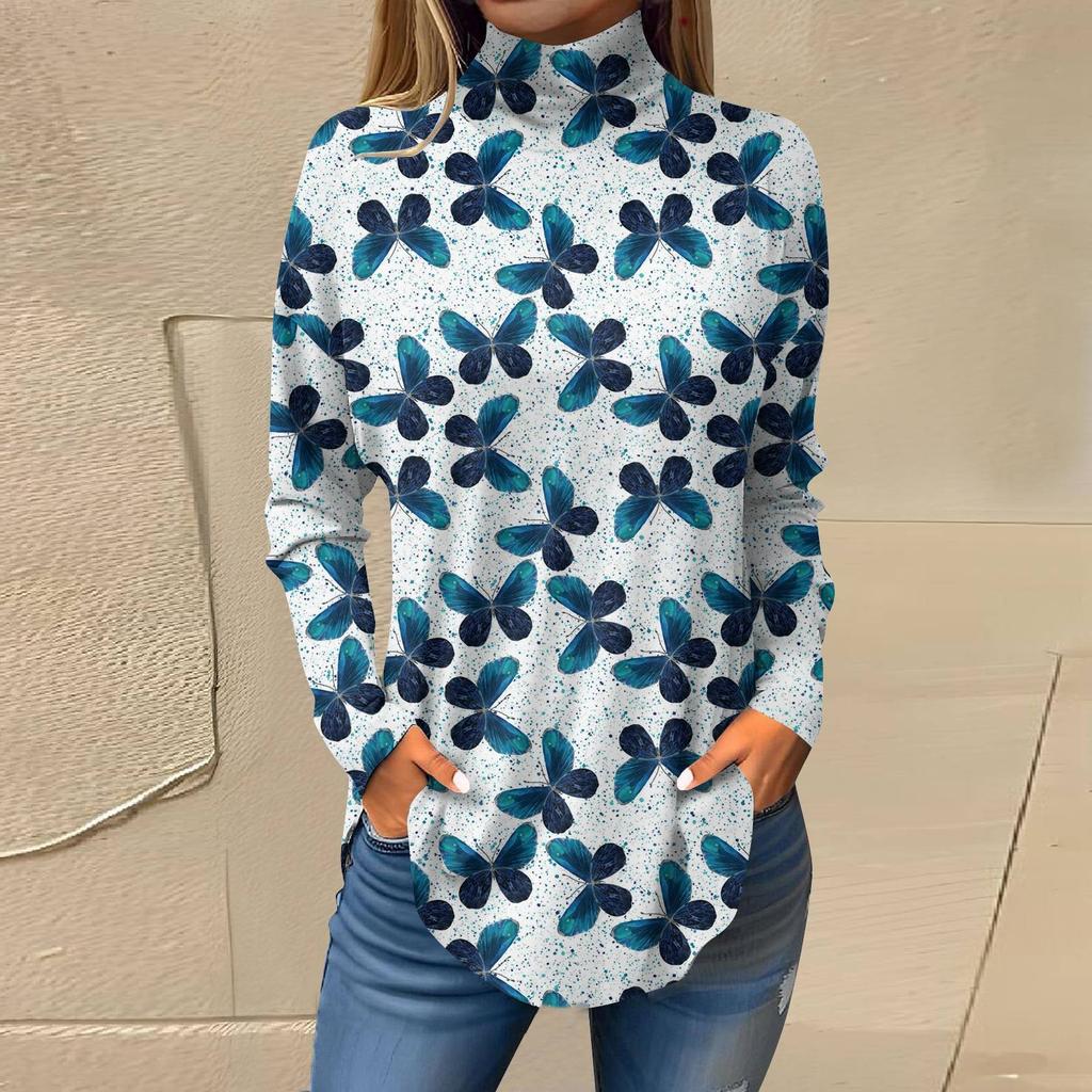 Женская свободная футболка с высоким воротом и длинными рукавами с цветочным принтом в стиле ретро, топ-пуловер