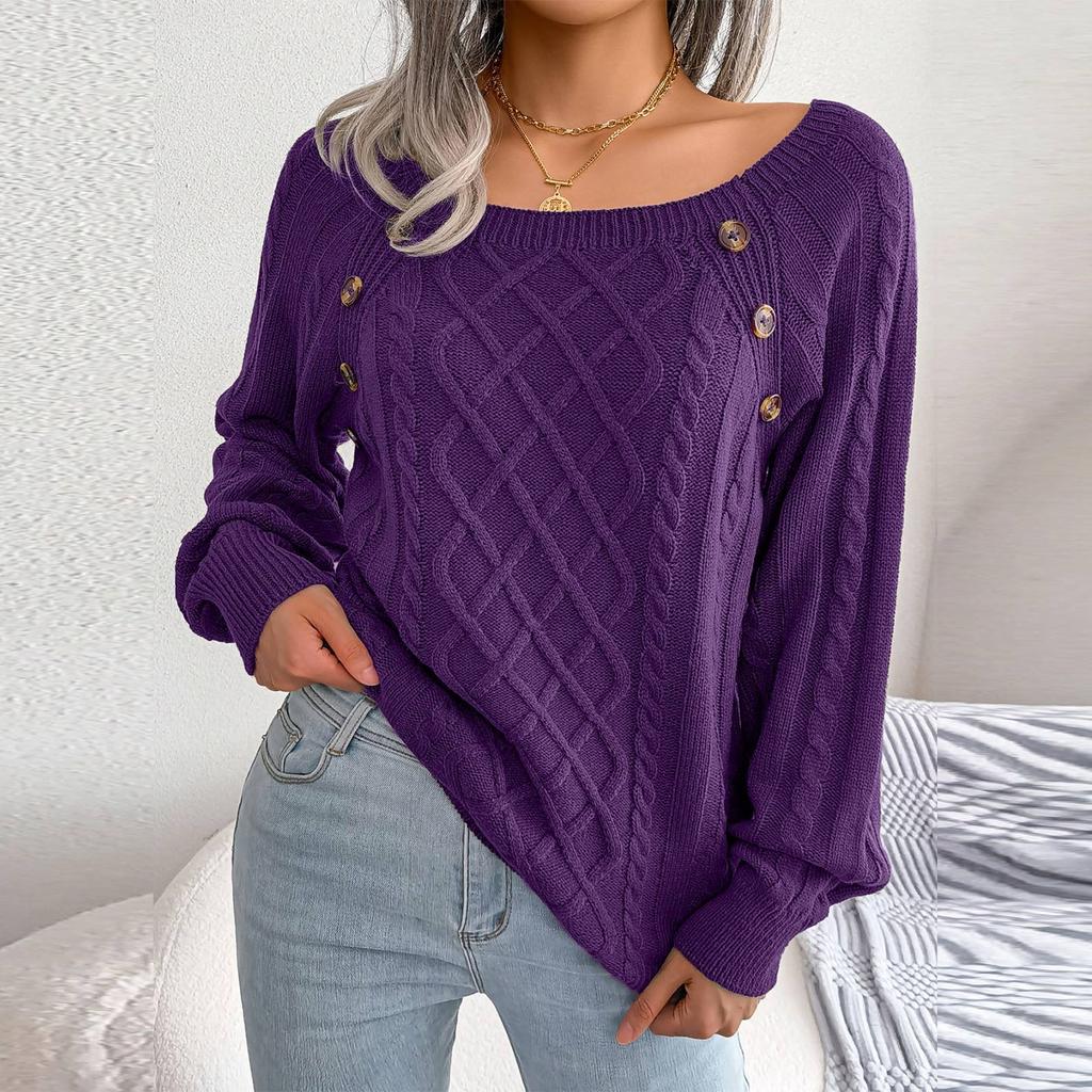 Women's Fashion Casual Solid Color Square Neck Button Cable Knit Pullover Sweater