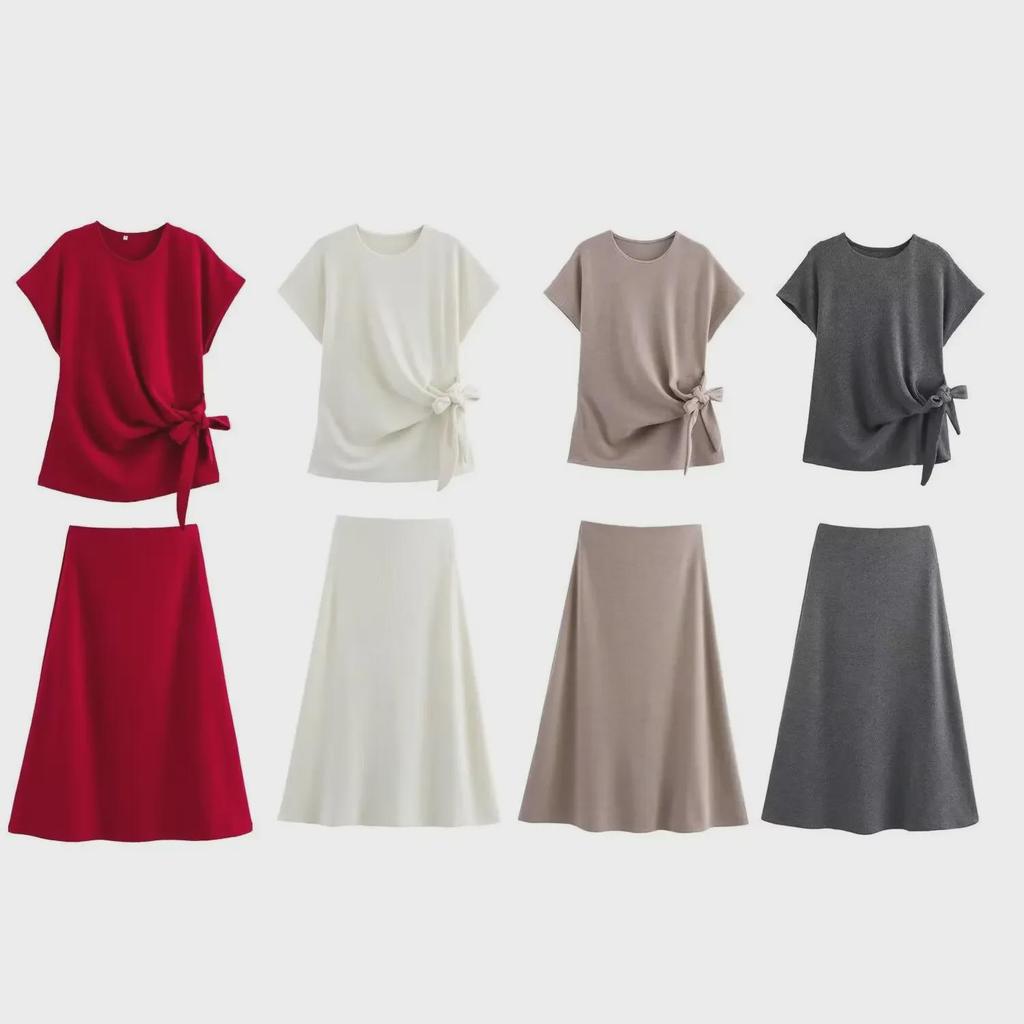 Women's Round Neck Knitted Top + A-Line Skirt Set