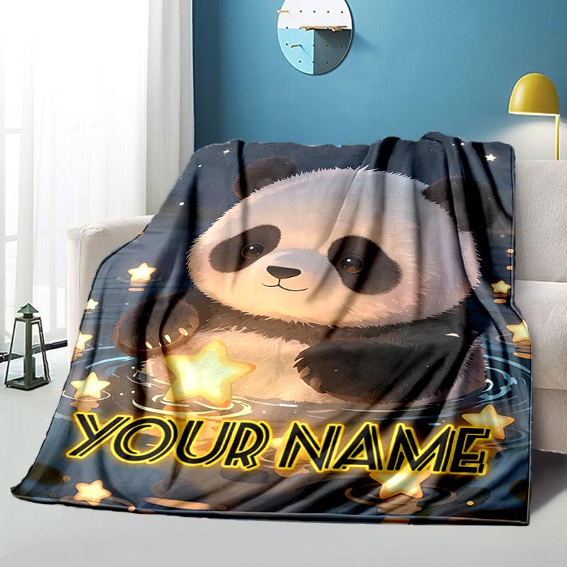 1PC Custom Name Panda Dreams Nightly flannel blanket versatile,all-season throw suitable for the living room,bedroom,camping,travel,and gift