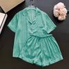 Summer Short Sleeve Tops and Shorts Pajamas for Woman Korean 2 Piece Women Set Silk Fashion Sleepwear Elegant Green Stripe Satin Pajama Set Young Girl