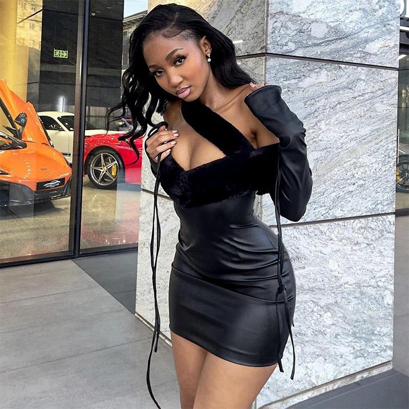 Deposit Slash Shoulder Plush Lapel Leather Dress Long Sleeve Slim Hip Wrap Spice Girls Party Leather Dress