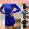 Tight Skinny Women Sheath Dress Waist Solid Color High Collar Neck Protection Long Sleeve Elastic Above Knee Length Mini Dress