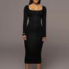 Женское платье с квадратным вырезом, облегающее, эластичное, однотонное, с длинными рукавами, мягкое дышащее платье-футляр длиной до середины икры, вечерние платье-миди для выпускного вечера