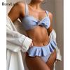Женский купальник бикини с рюшами и завязками, женский купальник из двух частей, комплект бикини со средней талией, купальный костюм