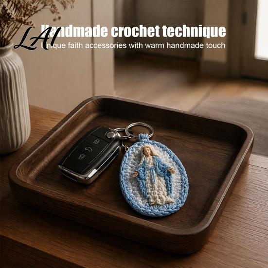 Handcrafted Religious Charm Handmade Crochet Marian Keychain Virgin Mary with Soft Yarn Keyring Blue White Yarn Catholic Christian Inspirational