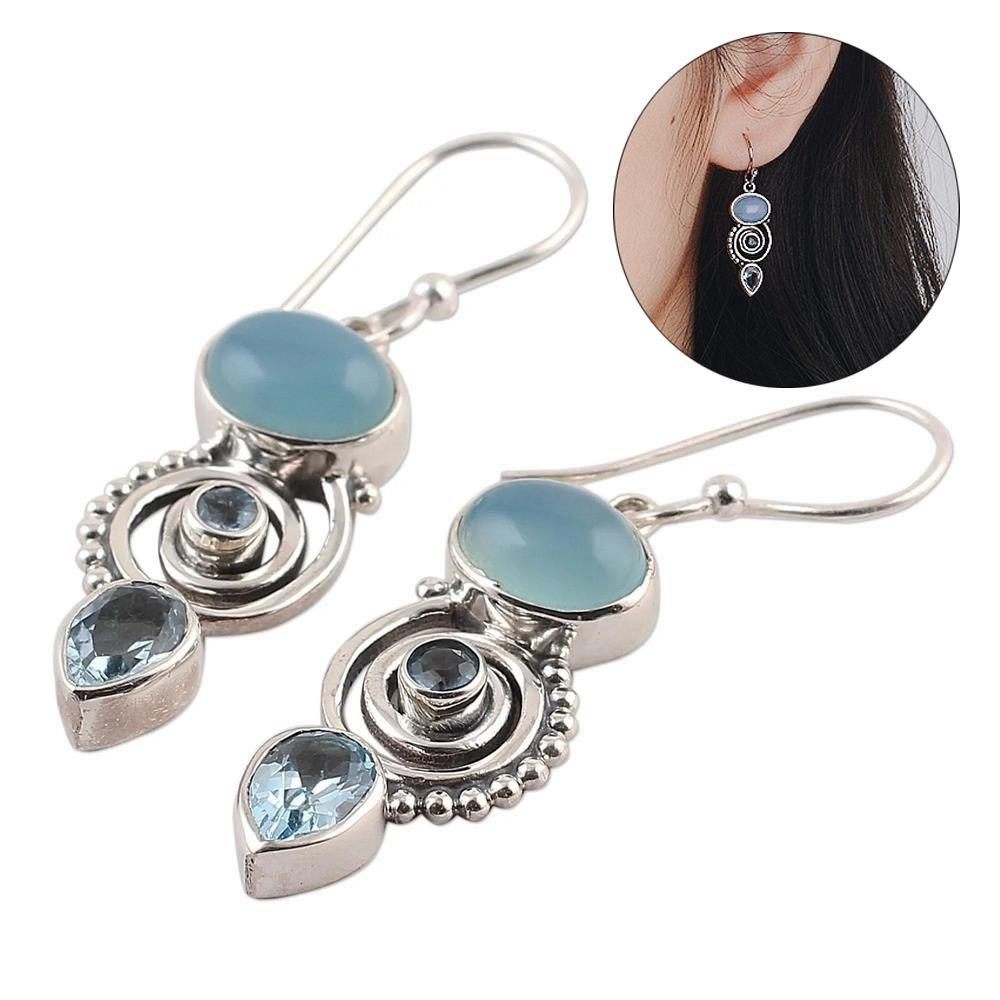 Party Dangle Hook Topaz Ear Stud Multi-Gemstone Peridot Moonstone Earrings