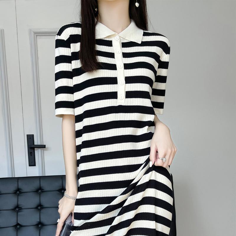 Летнее женское трикотажное платье с воротником-поло, средней длины, свободное повседневное платье в полоску, освежающее, подходящее ко всему