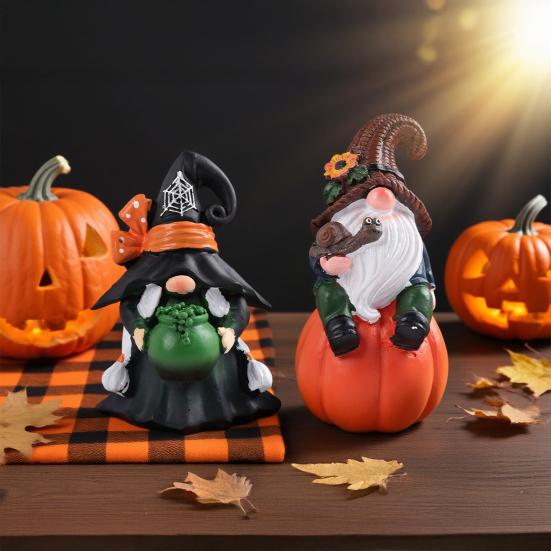 Halloween Gnome Decoration Pumpkin Couple Resin Figurine Fairy Tale Themed Gnome Sculpture Indoor Outdoor Table Desk Home Decor