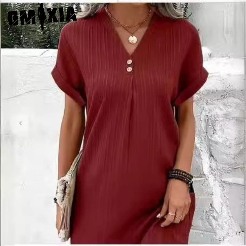 GMXIA Women's Fashion Summer Spring Solid Color Print Short Sleeve V-Neck High Waist Casual Dresses