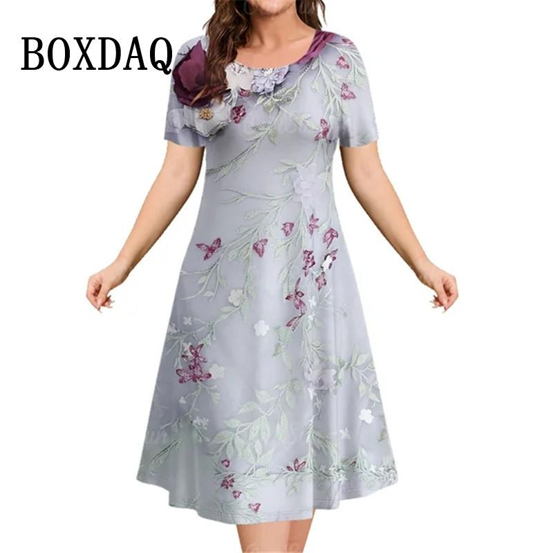Новые 2025 винтажные платья женские 3D цветы принт с коротким рукавом летние повседневные пуловеры модные свободные женские платья больших размеров