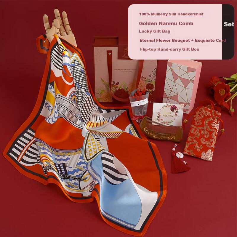Hangsilu Silk Scarf Brooch Gift Box, Chinese Style Square Scarf, Mulberry Silk, High-End Birthday Gift, Valentine's Day Present for Women And Mothers