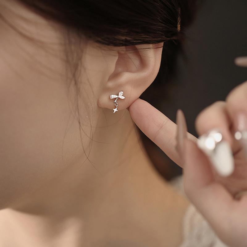 S925 Silver Plated Earrings, Girly Bow Earrings, Sparkling Diamond Four-pointed Star Butterfly Earrings, Temperament Cross Star Earrings, Korea