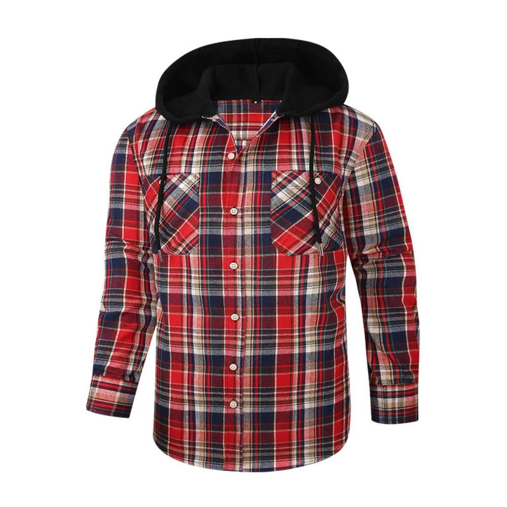 New Hooded Men's Plaid Shirts Long Sleeved Casual Flannel Loose Coat Fashion Street Style Men's Sports Shirt Jacket Male Clothes