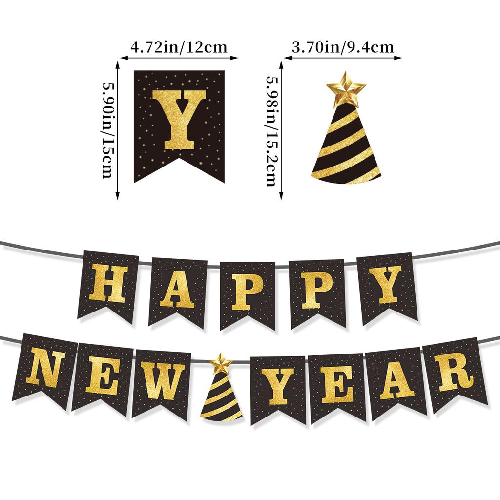 New Year'S Theme Party Decoration Glitter Star Latte Banner Black Gold Letters Hot Gold Latte Banner