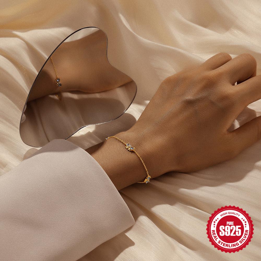 Браслет Bow Love Blue Zircon Splicing, женский модный стиль, серебро 925 пробы