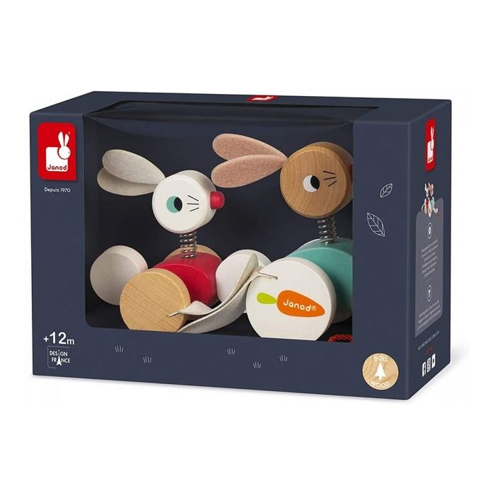 Jouet à tirer - a pousser janod lapins à promener zigolos en bois pour enfant de 1 an