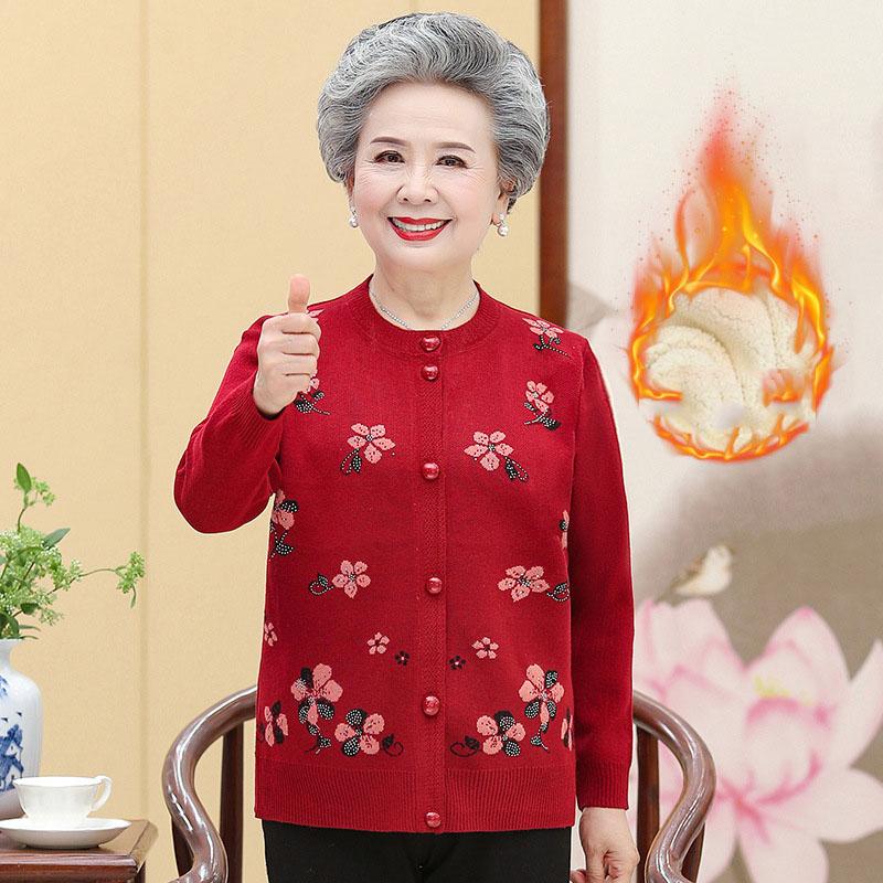 Женский свитер среднего и пожилого возраста, вязаный кардиган, платье для матери, бархатное утепленное бабушкиное теплое пальто, осенние и зимние топы
