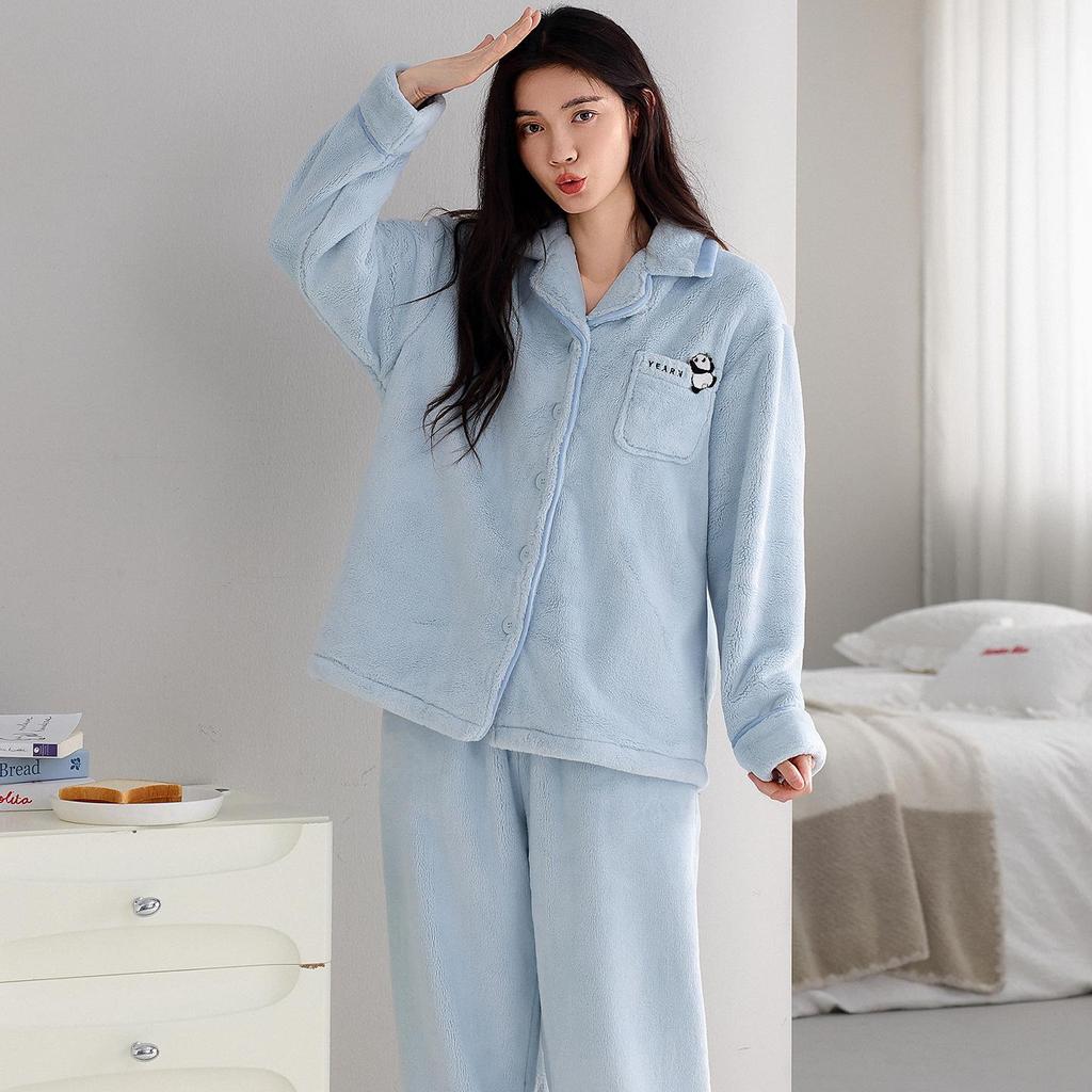 Women's Winter Flannel Pajama Set: Long Sleeve Cardigan & Warm Coral Fleece with Cartoon Panda Design