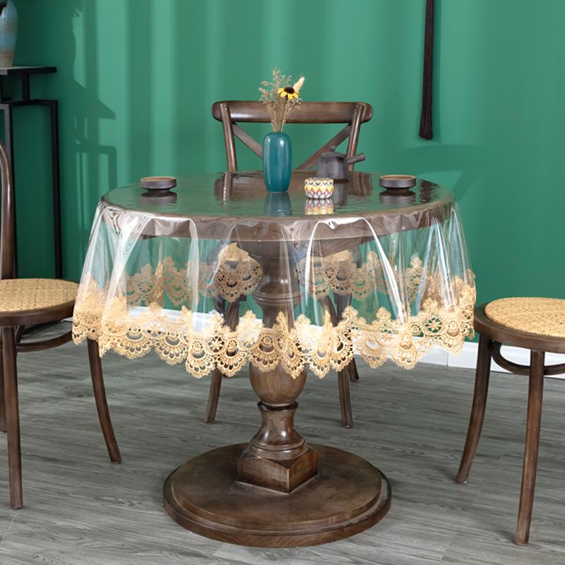 PVC Embroidered Lace Edge Tablecloth Waterproof and Drooping Soft Tablecloth Household Round Table Cloth American Dining Table Tea Table Cloth