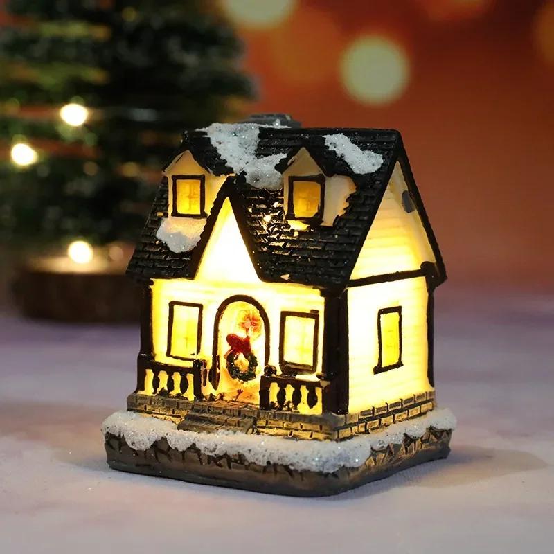 Christmas Decoration Resin Miniature House LED Light Mini Building Living Room Festive Display Small Ornaments Xmas Gift