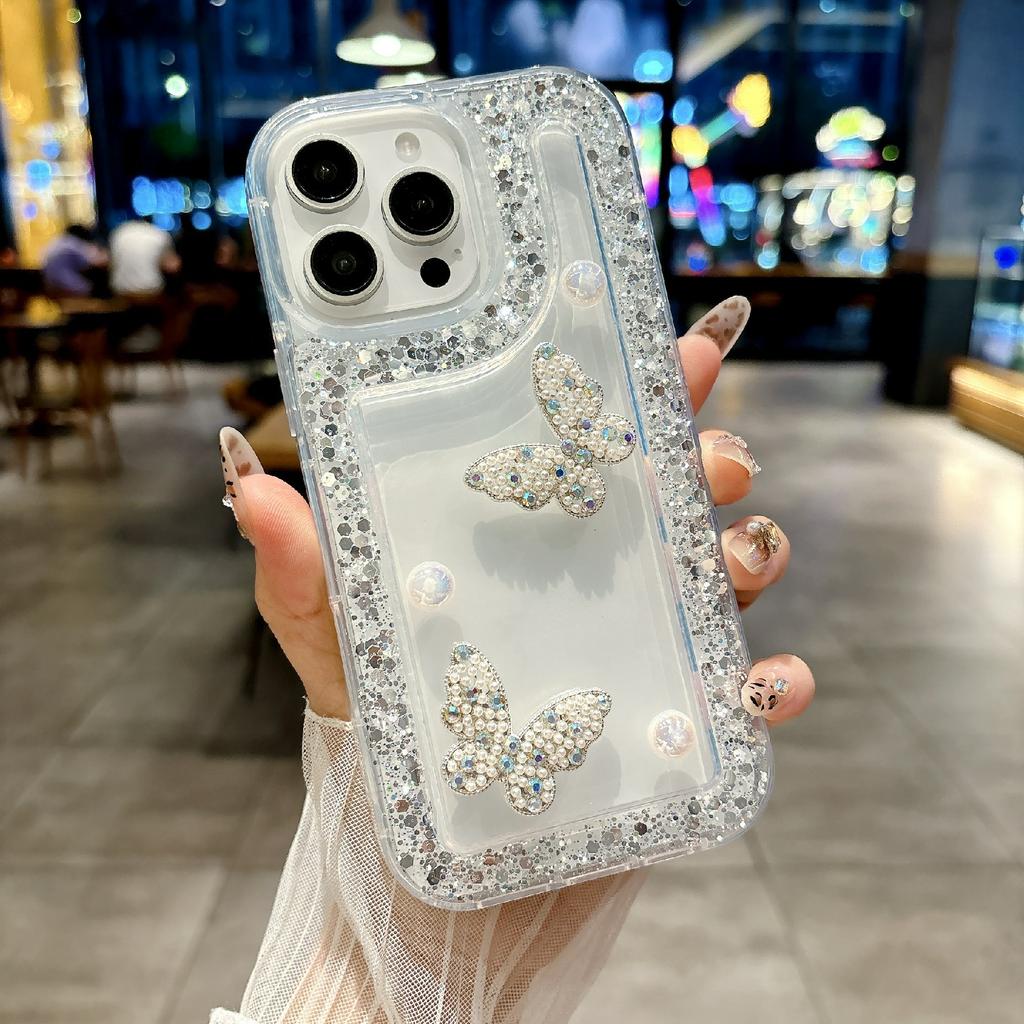 For iPhone 16 Pro Case with Case with Pearl Butterfly Decor Glitter Rhinestone Epoxy Design TPU Phone Cover