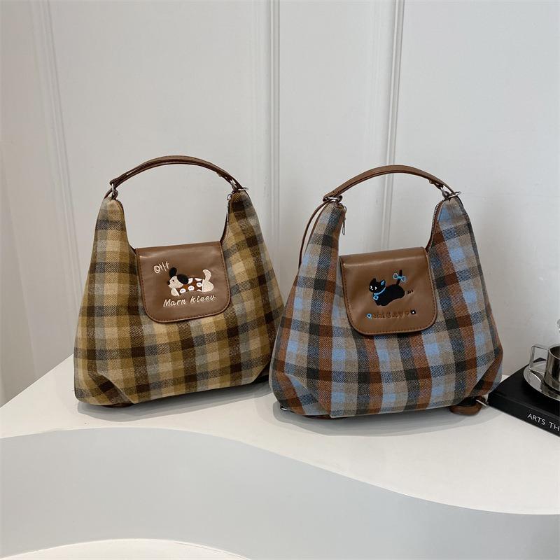 Version cartoon puppy backpack bag women's new college plaid tote bag versatile largecapacity shoulder bag