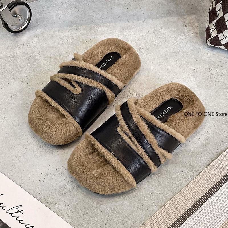 Меховые тапочки домашние тапочки на платформе роскошные шлепанцы Med тапочки женские плюшевые дизайнерские плоские массажные 2024 хлопковая ткань PU Med обувь