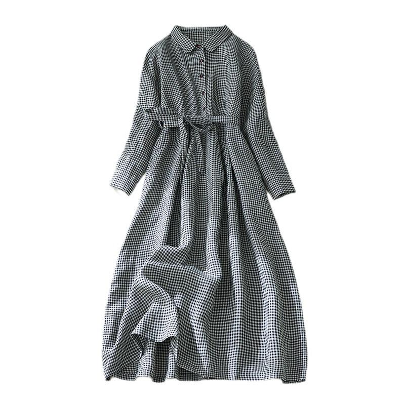 POLO collar 2025 весна и осень новое женское платье из хлопка и льна свободное повседневное платье в клетку со шнуровкой