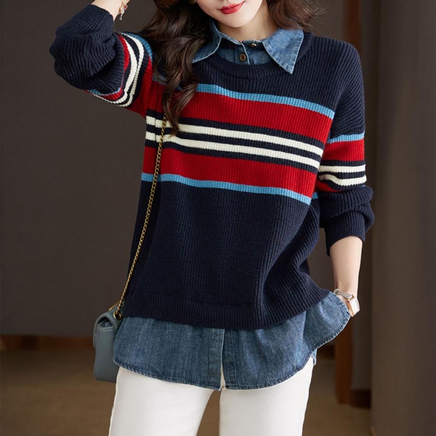 Поддельные свитера из двух частей, ковбойская рубашка, трикотажный свитер с лацканами в стиле пэчворк для осени и зимы, корейский женский пуловер, тренд