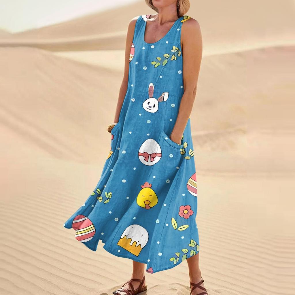 Women's Summer Casual Fashion Easter Printed Sleeveless Round Neck Pocket Dress