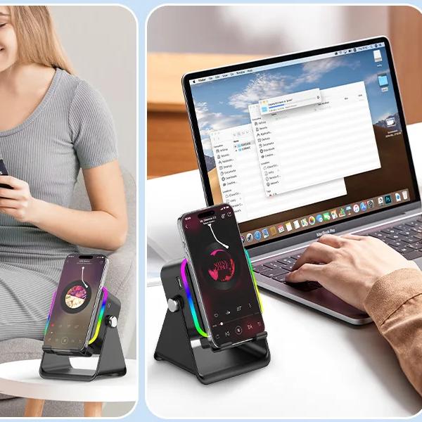 NEW 5 In 1 Auto-induction Wireless Induction Speaker 8 Mode RGB Light Phone Stand Surround Sound Portable Bluetooth Phone Holder