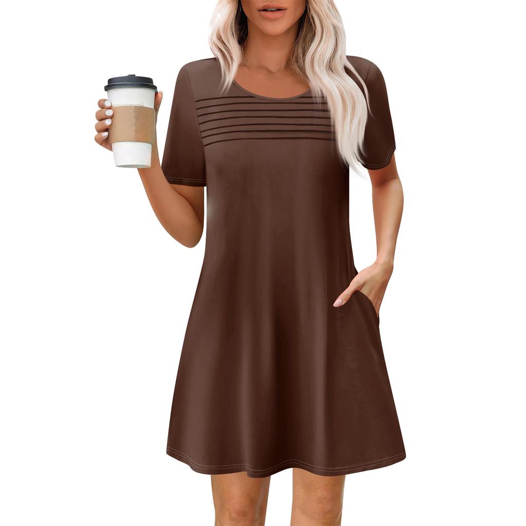 Women's Summer Casual Round Neck Pleated With Pockets Solid Color Short Sleeve Dresses